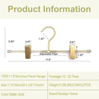 Pants Hangers Gold Aluminum Skirt Hanger 2-Adjustable Clips Heavy Duty Clothes Hangers Space Saving Durable Hanger 11.8" Closet Organizer for Pant,Pack of 10