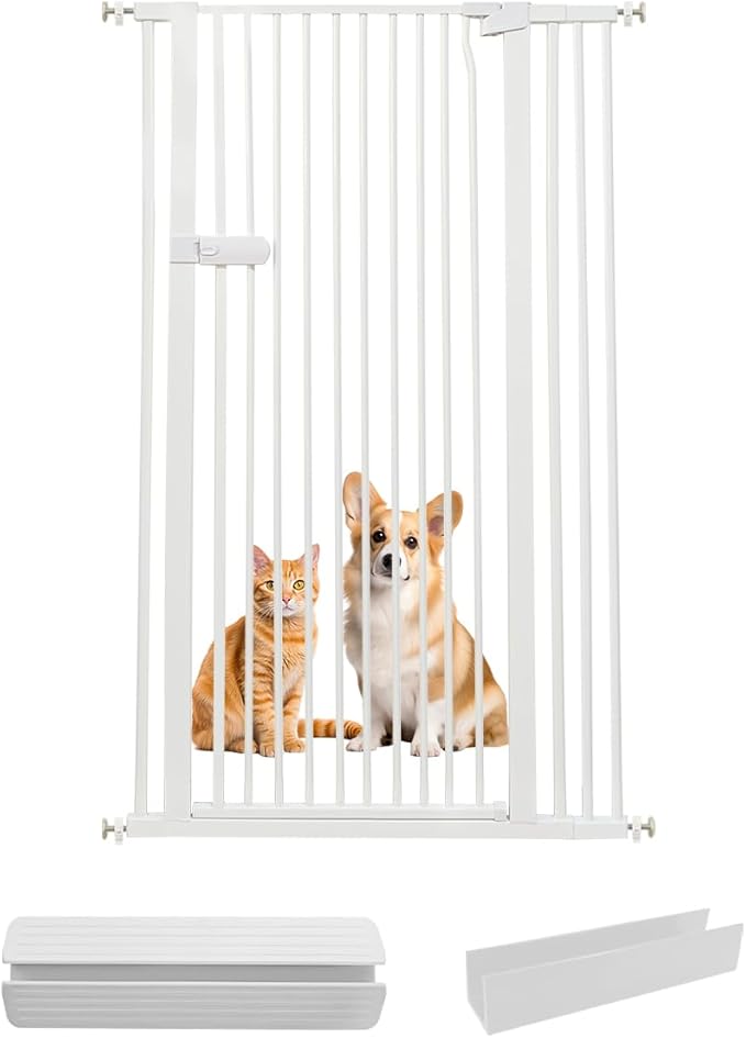 Lumizone Extra Tall Cat Gate 61.02" High Pressure Mounted Extra Wide 2025 New (17 Sizes) 1.37" Gap No Drilling Auto-Close One-Handed Operation Tall Pet Gate for Dogs(White, 61.02" H x 34.25"-38.38" W)