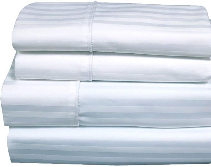 Royal Hotel Bedding 620-Thread-Count Sheet Set, Wrinkle-Free Cotton-Blend Sheets, Sateen Striped, Deep Pocket, California King Size, White