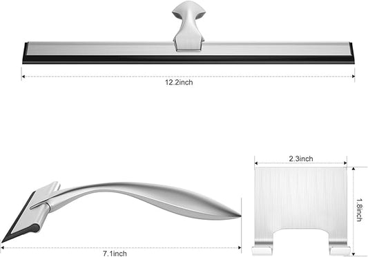 peafowl Shower Squeegee Stainless Steel Bath Squeegee for Shower Glass Doors Bathroom Windows Kitchen Mirror and Car Glass with Hooks Holder (12 inch, Brushed Silver)