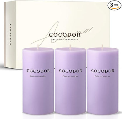 COCODOR Scented Pillar Candles, 3x6 Inch, French Lavender, Candle Set of 3, Long Buring 85 Hours, Candles for Weddings, Party, Dinner, Home Decor.