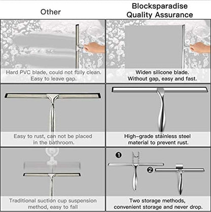 peafowl 12 inch Shower Squeegee Stainless Steel Bath Squeegee for Shower Glass Doors Bathroom Windows Kitchen Mirror and Car Glass with Hooks Holder (12 inch, Silver)