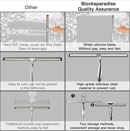 peafowl 10 inch Shower Squeegee Stainless Steel Bath Squeegee for Shower Glass Doors Bathroom Windows Kitchen Mirror and Car Glass with Hooks Holder (10 inch, Silver)