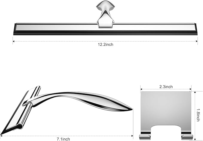 peafowl 12 inch Shower Squeegee Stainless Steel Bath Squeegee for Shower Glass Doors Bathroom Windows Kitchen Mirror and Car Glass with Hooks Holder (12 inch, Silver)