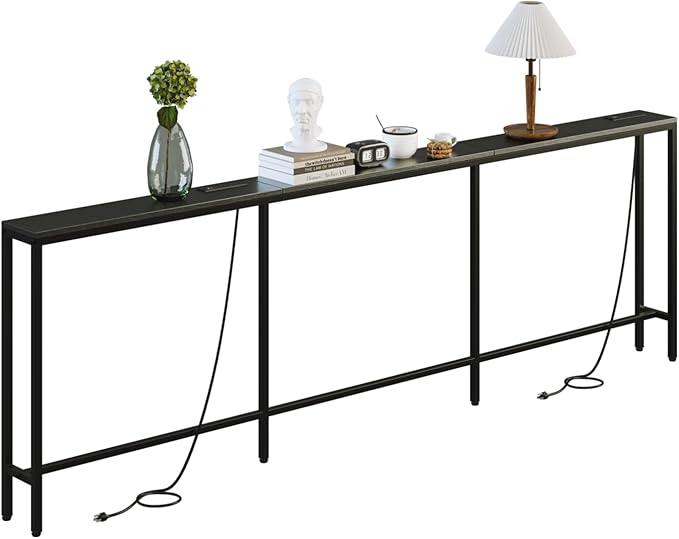 102.4" Behind Couch Table with 2 Fast Charging Stations, 7.1" Narrow Skinny Sofa Table with 4 Power Outlets, 4 USB-A, 2 USB-C for Console Entryway, Black