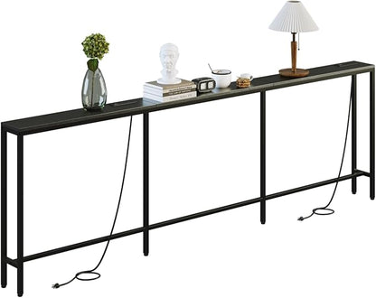 102.4" Behind Couch Table with 2 Fast Charging Stations, 7.1" Narrow Skinny Sofa Table with 4 Power Outlets, 4 USB-A, 2 USB-C for Console Entryway, Black