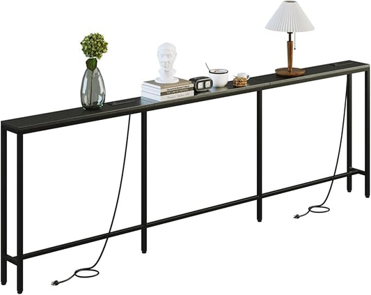 102.4" Behind Couch Table with 2 Fast Charging Stations, 7.1" Narrow Skinny Sofa Table with 4 Power Outlets, 4 USB-A, 2 USB-C for Console Entryway, Black