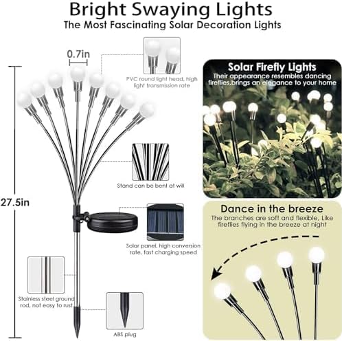 OZS 12 Pack Total 96 LED Solar Garden Lights Fairy Outdoor - Solar Firefly Lights Outdoor, Sway by Wind, Waterproof for Garden Patio Pathway Fairy Decoration (Cool White)