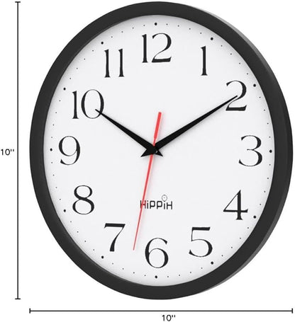 HIPPIH 2 Pack Silent Wall Clock, 10 Inch Non Ticking Quiet Digital Sweep Decorative Battery Operated Wall Clocks for Living Room Bedroom Kitchen School Office Decor, Black