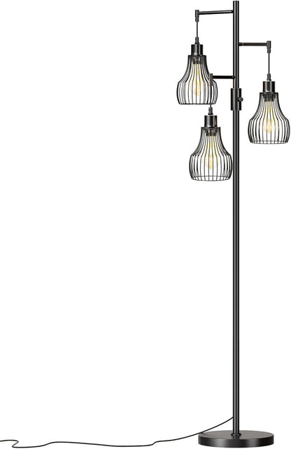 Dimmable Floor Lamp, 3 x 800LM LED Edison Bulbs Included, Farmhouse Industrial Floor Lamp Standing Tree Lamp with Elegant Cage Tall Lamps for Living Room Bedroom Office - Black