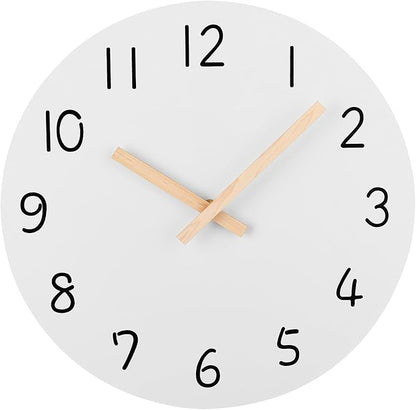Plumeet 10'' Wooden Wall Clock Small Frameless Clocks with Silent Quartz Movement - Modern Style Village Wall Clocks Decorative Home Kitchen - Battery Operated (White)