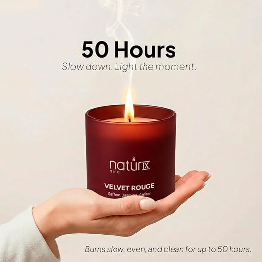 Natur IX Velvet Rouge Scented Candles for Home | Cedarwood, Saffron, Jasmine & Amber | Natural Non Toxic Soy Candles with Essential Oils | 50 H Long Burning