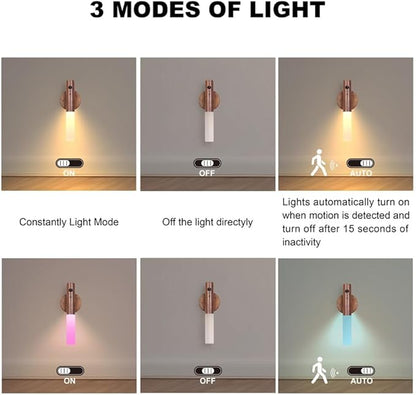 LANDGOO Motion Sensor Night Light RGB & Touch Control | USB-C Rechargeable Wooden Wall Sconce | Bathroom/Bedroom Light for Hallway, Stairs, Closet, Kids Room, Vanity, (Walnut Wood)
