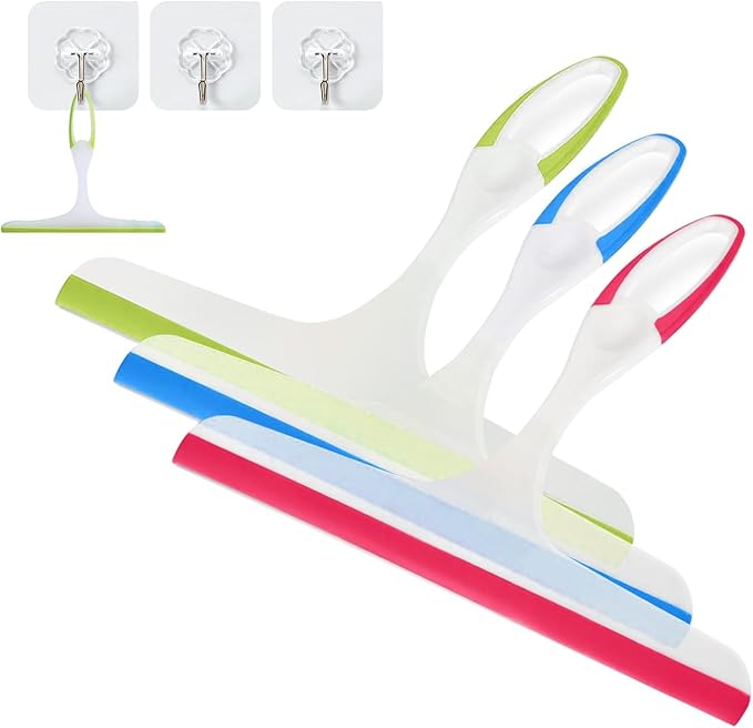 3PCS Hanging Rubber Squeegee with Hook, Multipurpose Shower Squeegee for Glass Doors (Regular Version)