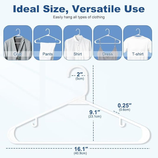 HOUSE DAY White Plastic Hangers 10 Pack, Plastic Clothes Hangers with Built-in Hooks, Durable and Strong Coat Hanger for Closet, Space Saving Clothing Hanger for Shirts, Coats, Skirt, Dress