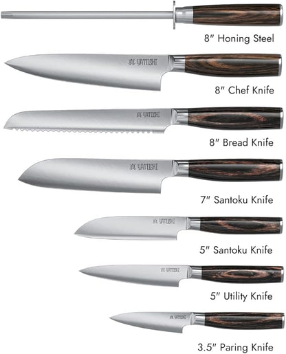 Yatoshi Kitchen Knife Set - 7 Piece, Ultra Sharp High Carbon Stainless Steel, Hidden Tang with Pakkawood Handles