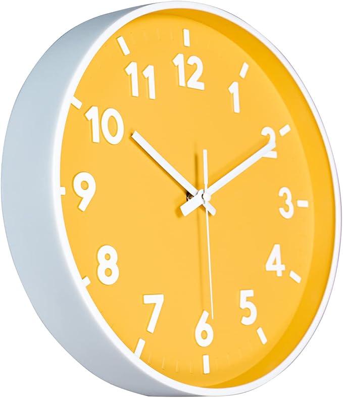 JENLYSTIME 12 Inch Modern Indoor Outdoor Clock,Round Bright Colorful Dial,Non Ticking Silent Quartz Battery Operated Wall Clocks,Easy to Read Simple Style Decor Clock for Bedroom,Kitchen(Yellow)