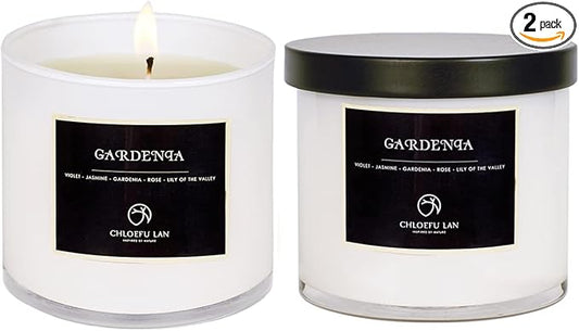Chloefu LAN Gardenia Scented Candles - Highly Scented, 7.1oz|45 Hour Long Burning, Gifts for Women, 100% Natural Soy, Home Decor, White Glass Jar With Gift Box 2 Pack