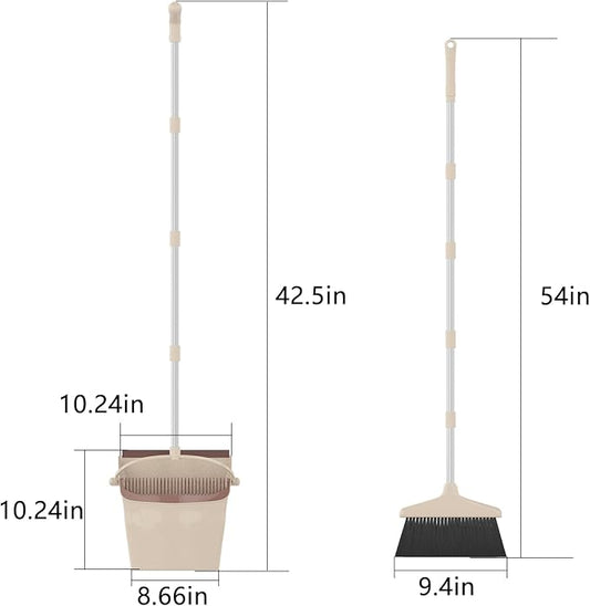 Broom with Dustpan Combo Set 54” Long Handle Household Dust Pan for Home Cleaning （Beige）