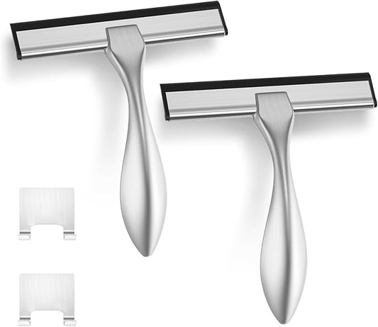 peafowl Shower Squeegee Stainless Steel Bath Squeegee for Shower Glass Doors Bathroom Windows Kitchen Mirror and Car Glass with Hooks Holder (Brushed Silver, 6 inch-2Pack)