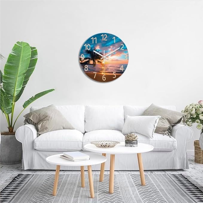 XFM Blue Beach Wall Clocks Battery Operated 20 Inch Palm Tree Silent Wall Clock Sunset Glass Coastal Wall Clock for Living Room Bedroom Kitchen Office