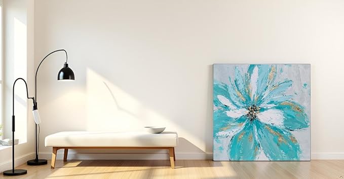 Yihui Arts Hand Embellished Floral Canvas Wall Art with Textured Details & Gold Foil Accents, Modern Teal Flower Painting for Home Decor