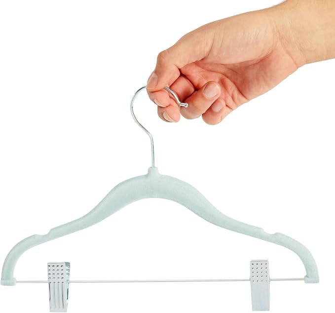Juvale 24-Pack Light Blue Velvet Hangers for Baby & Kids Clothes with Clips – 360° Swivel Hook, Anti-Slip Space-Saving Design for Pants, Tank Tops, Skirts (12×8 in Baby Hanger)