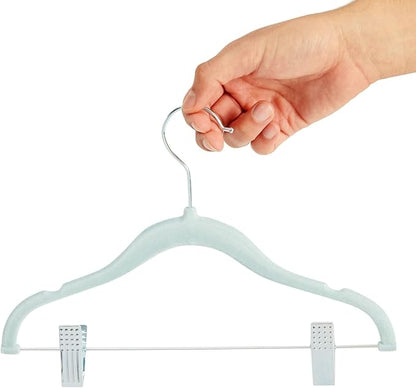 Juvale 24-Pack Light Blue Velvet Hangers for Baby & Kids Clothes with Clips – 360° Swivel Hook, Anti-Slip Space-Saving Design for Pants, Tank Tops, Skirts (12×8 in Baby Hanger)