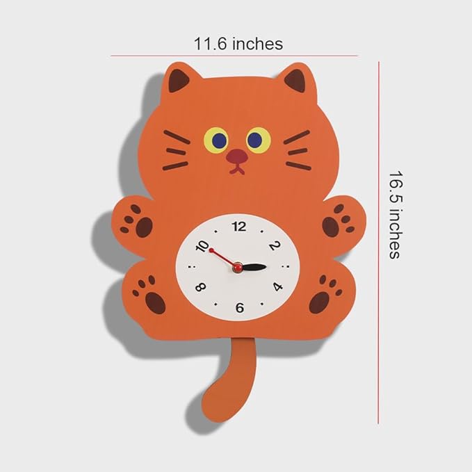 FASHION in THE CITY Adorable Cat Themed Swing Wall Clock - Silent Non-Ticking Pendulum Clock, Easy to Read Analog Clock for Cat Lovers, Nursery, Kitchen, Cute Home Decor Gift (YBZ001-Brown)