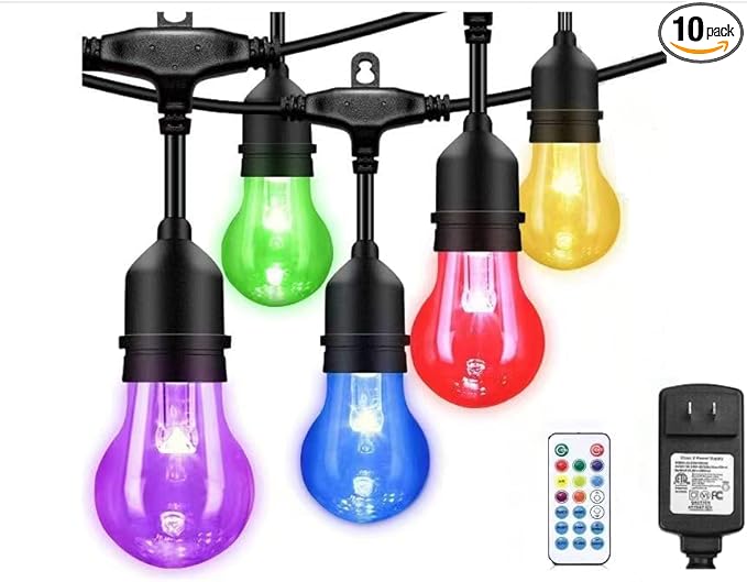 Auroraworld Outdoor Patio Lights Color Changing,48FT RGB LED String Lights with E26 Shatterproof Edison Bulbs, Dimmable Patio String Lights for Bistro Backyard Garden, 1 Remote Controllers