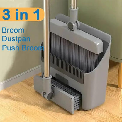 Broom with Dustpan Combo Set, 3 in 1 for Sweeping Indoor and Push Broom Outdoor with Dust Pan, 14.2 to 48.8 inch Adjustable Long Handle Broom and Dustpan Set (Light Grey)