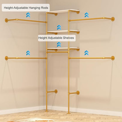 Heavy Duty Gold Pipe Clothing Rack - Wall Mounted Industrial Clothes Rack, DIY Corner Closet System with Shelves, Adjustable Walk-in Closet Organizer (GOLD, 94.5")