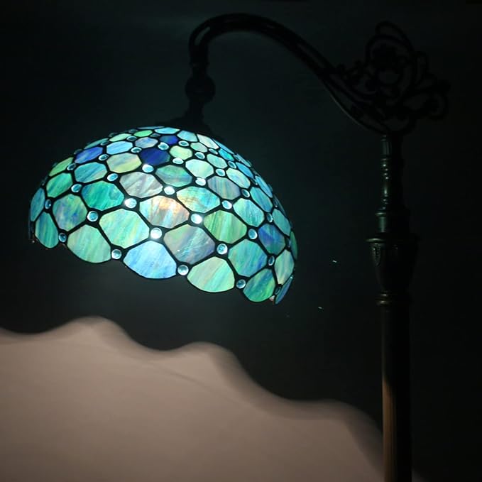 Tiffany Floor Lamp Stained Glass Lamp 18.88X12X67 Inch Angle Adjustable Arched Gooseneck Antique Reading Light (Sea Blue Pearl)