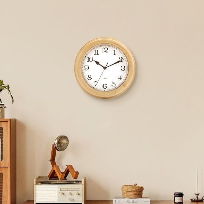 Kesin Wooden Analog Wall Clock, 11 inches Round Wall Clocks Battery Operated Silent Non-Ticking, Large Roman Numerals, Traditional Design for Kitchen Living Room Classroom Gym, Natural Grain