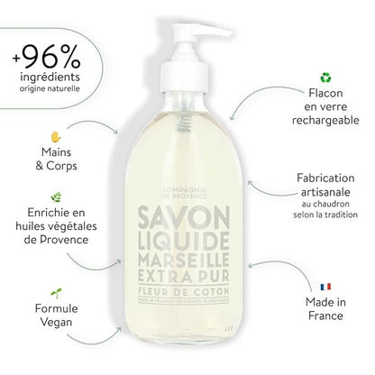 Compagnie de Provence Savon de Marseille Extra Pure Liquid Soap - Cotton Flower - 16.7 Fl Oz Glass Pump Bottle