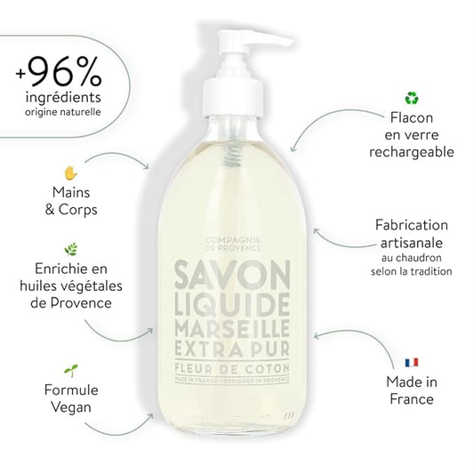 Compagnie de Provence Savon de Marseille Extra Pure Liquid Soap - Cotton Flower - 16.7 Fl Oz Glass Pump Bottle