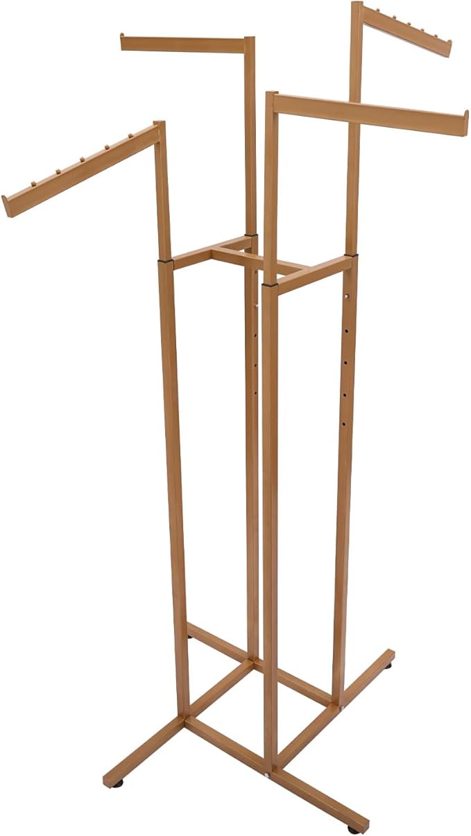 Clothing Rack - Heavy Duty 4 Way Adjustable Clothing Rack with Slanted Arms, Retail Clothing Rack Display With 2 Straight Arms and 2 Slanted Arms Perfect for Clothing Store Display (Gold)