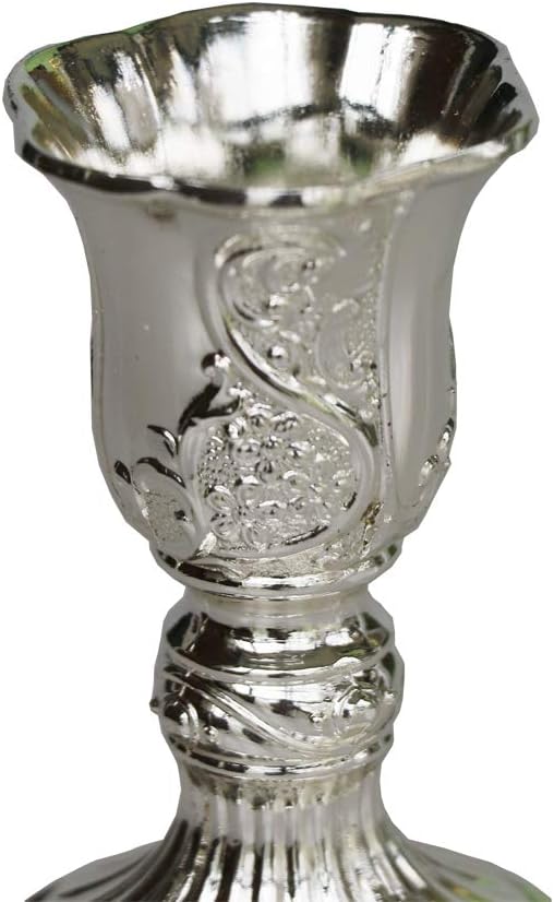 Silver Taper Candle Holders with Deluxe Engraved Design, Set of 2 Premium Metal Silver Candlestick Holders (Silver)