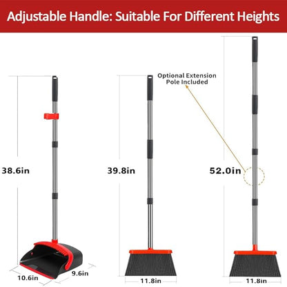 2-Pack is More economical，Broom and Dustpan， with 52" Long Handle, Dustpan Teeth with self-Cleaning Function, Indoor and Outdoor Sweeping, Perfect for Home Office