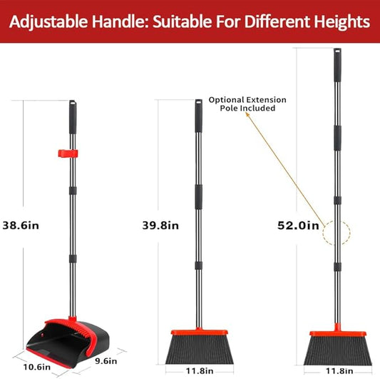 2-Pack is More economical，Broom and Dustpan， with 52" Long Handle, Dustpan Teeth with self-Cleaning Function, Indoor and Outdoor Sweeping, Perfect for Home Office