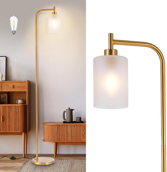 DLLT Floor Lamp Tall for Room: Gold Standing Lamp with Frosted Glass Lampshade for Living Room - Modern Bright Lamp for Bedroom - Industrial Corner Floor Lamps for Office 8W Led Bulb Included