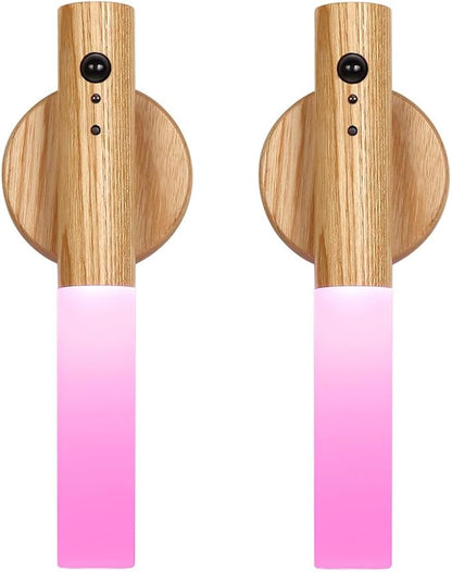 LANDGOO RGB Motion Sensor Night Light, Color Changing Atmosphere Lamp, Battery Powered Rechargeable LED Wood Wall Sconce for Home Party Lighting (RGB Ash Wood 2PCS)