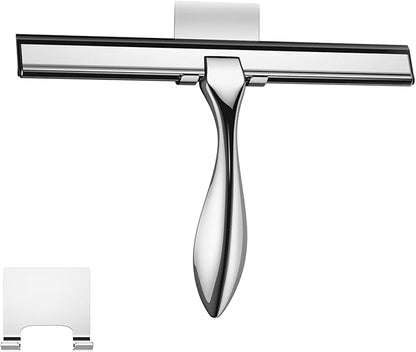 peafowl 10 inch Shower Squeegee Stainless Steel Bath Squeegee for Shower Glass Doors Bathroom Windows Kitchen Mirror and Car Glass with Hooks Holder (10 inch, Silver)