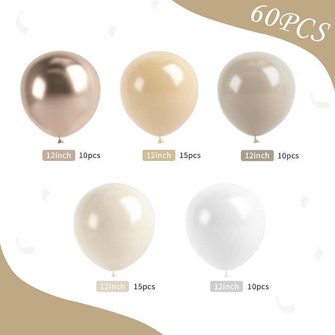 White Sand Balloons Set, 60 Pcs 12 Inch Double Stuffed Beige Boho Balloons with Metallic Chrome Champagne Nude Neutral Cream Balloon for Wedding Bridal Baby Shower Birthday Party Decorations