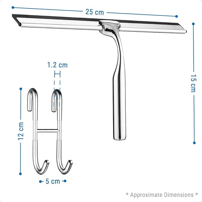 ecooe Stainless Steel Shower Squeegee with Hook, 10" (25.4cm) Shower Glass Cleaner Squeegee Wiper Scraper with 1 Replacement Blade, Window Squeege for Home Bathroom Kitchen Car Glass Doors
