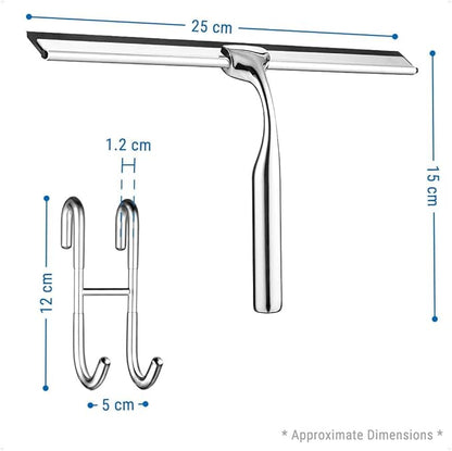 ecooe Stainless Steel Shower Squeegee with Hook, 10" (25.4cm) Shower Glass Cleaner Squeegee Wiper Scraper with 1 Replacement Blade, Window Squeege for Home Bathroom Kitchen Car Glass Doors