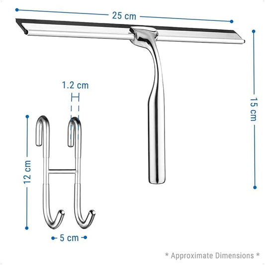 ecooe Stainless Steel Shower Squeegee with Hook, 10" (25.4cm) Shower Glass Cleaner Squeegee Wiper Scraper with 1 Replacement Blade, Window Squeege for Home Bathroom Kitchen Car Glass Doors