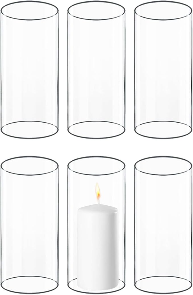 CYS EXCEL 6 PCS (H:6" D:3") Open Ended Glass Hurricane Candleholder Tube Shade | Multiple Size Choices Open Flame Candle Chimney Tube Cover | Bottomless Cylinder