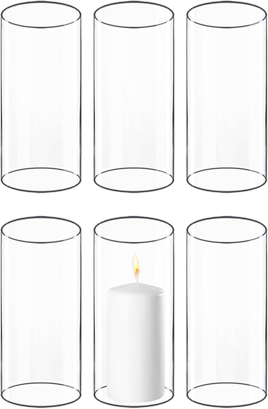CYS EXCEL 6 PCS (H:6" D:3") Open Ended Glass Hurricane Candleholder Tube Shade | Multiple Size Choices Open Flame Candle Chimney Tube Cover | Bottomless Cylinder