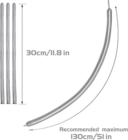 KAWKALSH 260 Metallic Silver Long Balloons for Balloon Garland Thickening Skinny Latex Twisting Animals Modeling Christmas Birthday Wedding Party Festival Decorations 100pcs